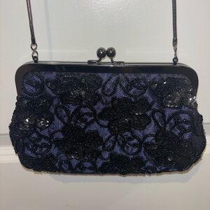 Vintage Preston & York Dark Blue Navy Lace Black Sequin Floral Bead Clutch Purse